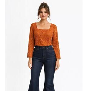 Nanette Women's Small Lace Boho Vintage Orange Blouse Square Neck 3/4 Sleeves